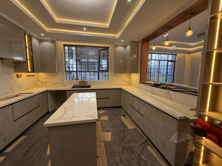 Grey Gloss Kitchen with Marble Island