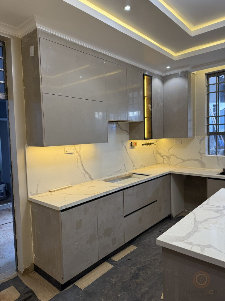 Grey Gloss Kitchen with Marble Island