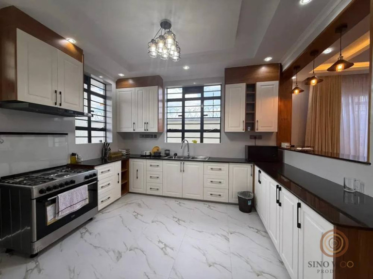 Custom Kitchen Cabinets - White with Wood Trim