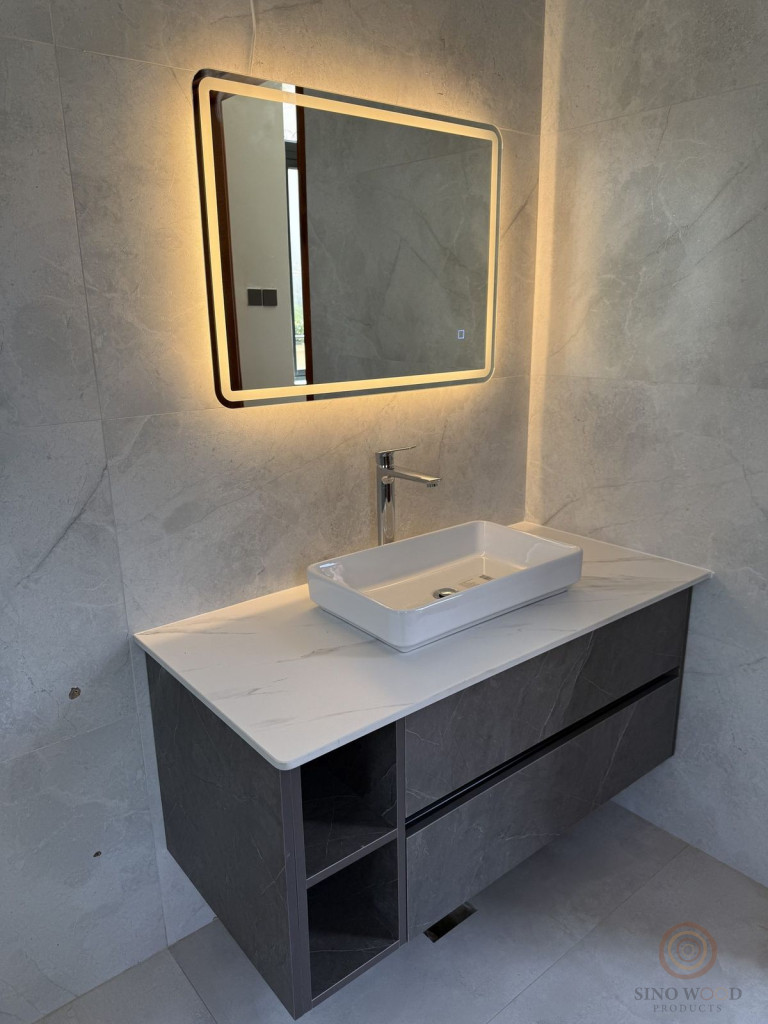 Grey Floating Vanity with LED Mirror